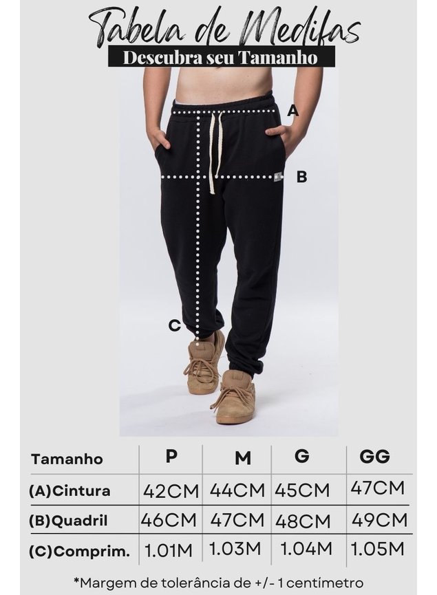 tabela de medidas 6092 calca de moletom masculino jogger preto